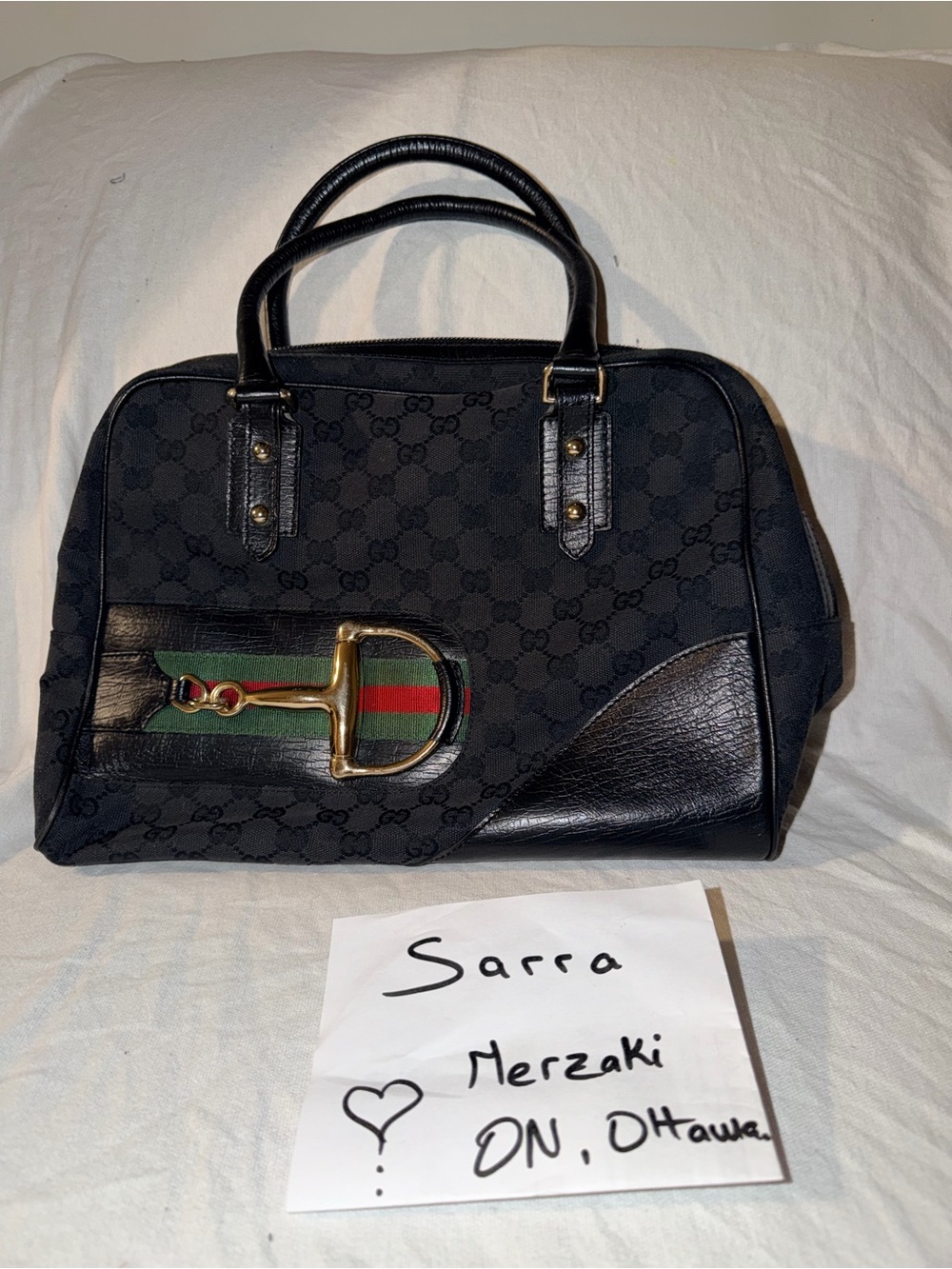 Gucci Black GG Canvas Shoulder Bag with Green-Red Web and Gold Hardware